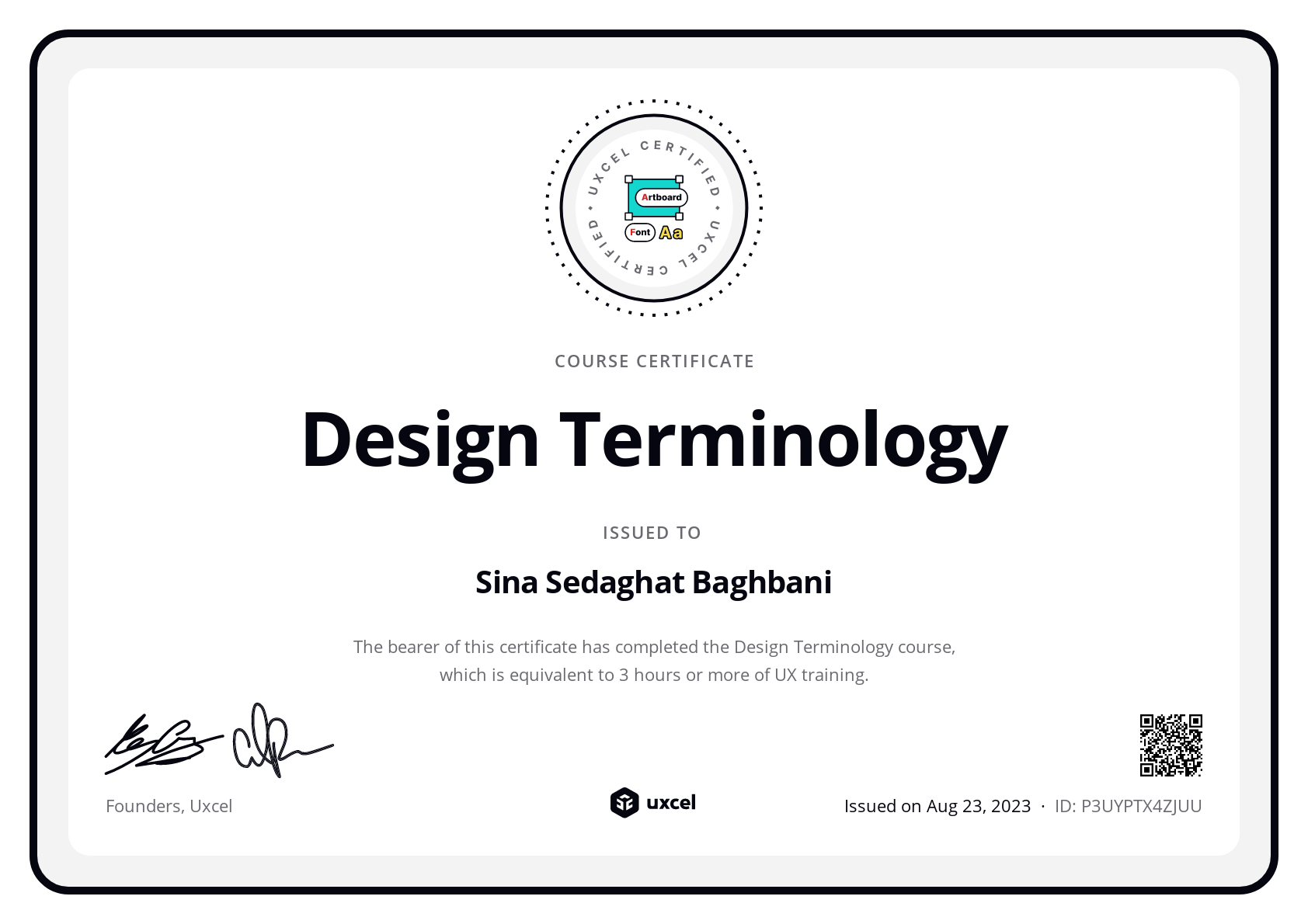 Sina Sedaghat Baghbani's certificate